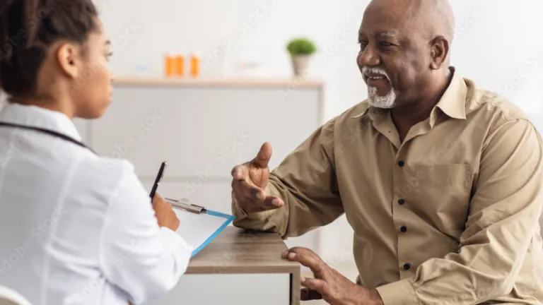 Patient at a clinic talking with physician